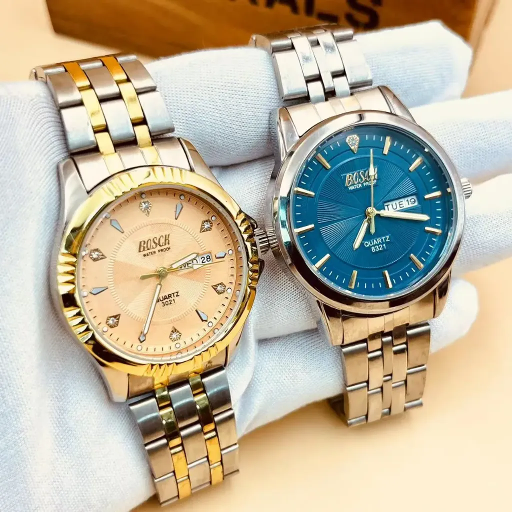 Men's Stainless Steel Double Calendar Gold-Plated Watch